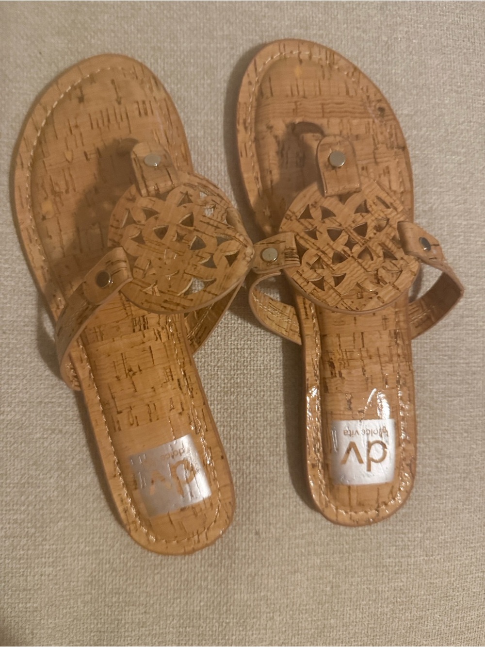 DV by Dolce Vita Tan Cork-Textured Slide Sandals with Decorative Medallion